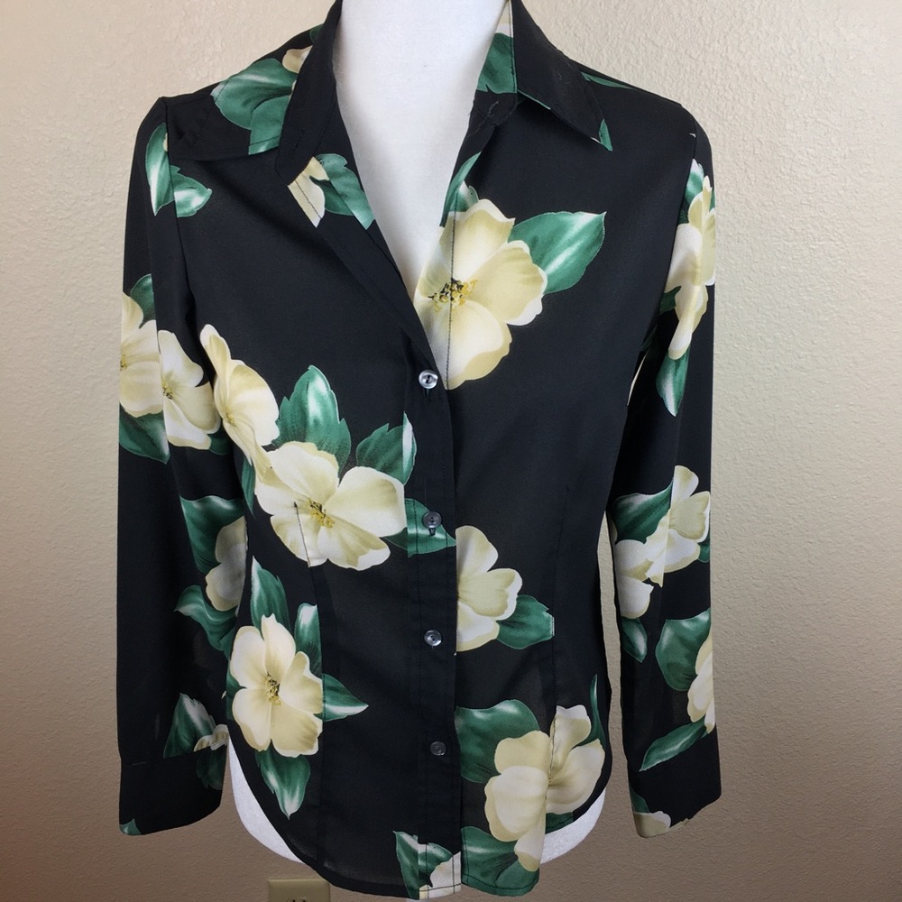 New York & Co City Stretch Black & Cream Floral Blouse Long Sleeve Sheer Size S